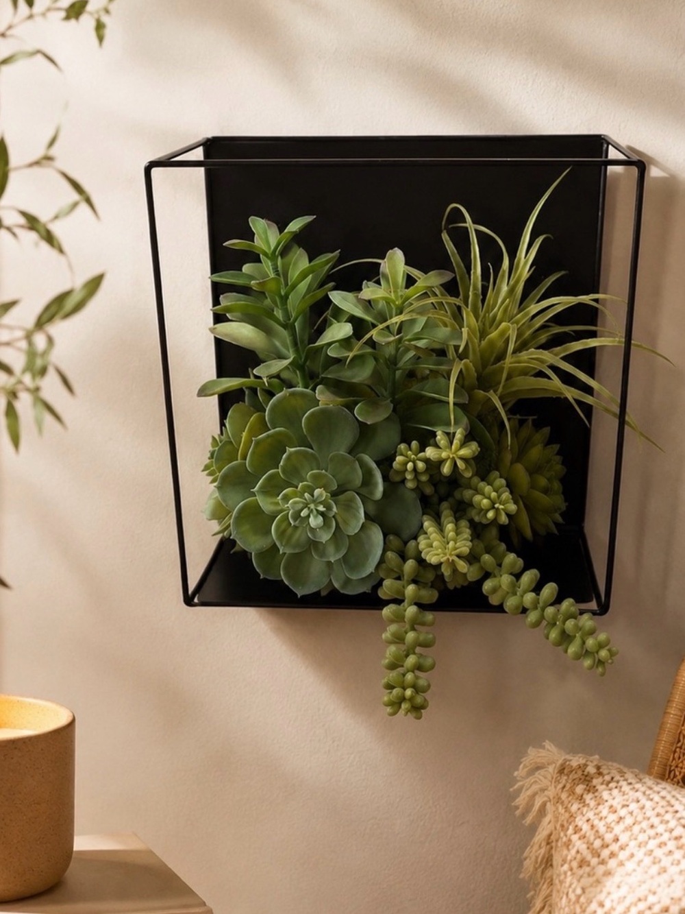 Ashland Faux Succulent Wall Planter Black Metal Artificial Greenery Decor - Picture 1 of 5